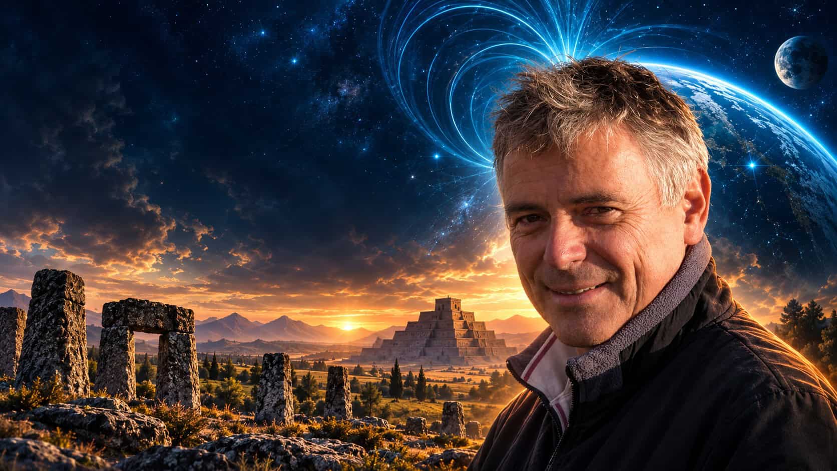 Michael Tellinger against an artistic scene of ancient stone monuments and a magnetic cosmic sky