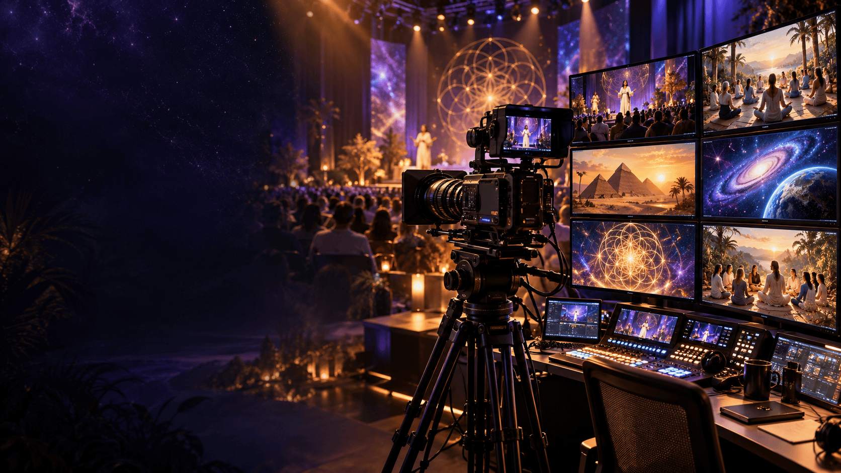 Illustration of a livestream production camera and monitors showing conscious events, meditation, ancient wisdom, and the cosmos.